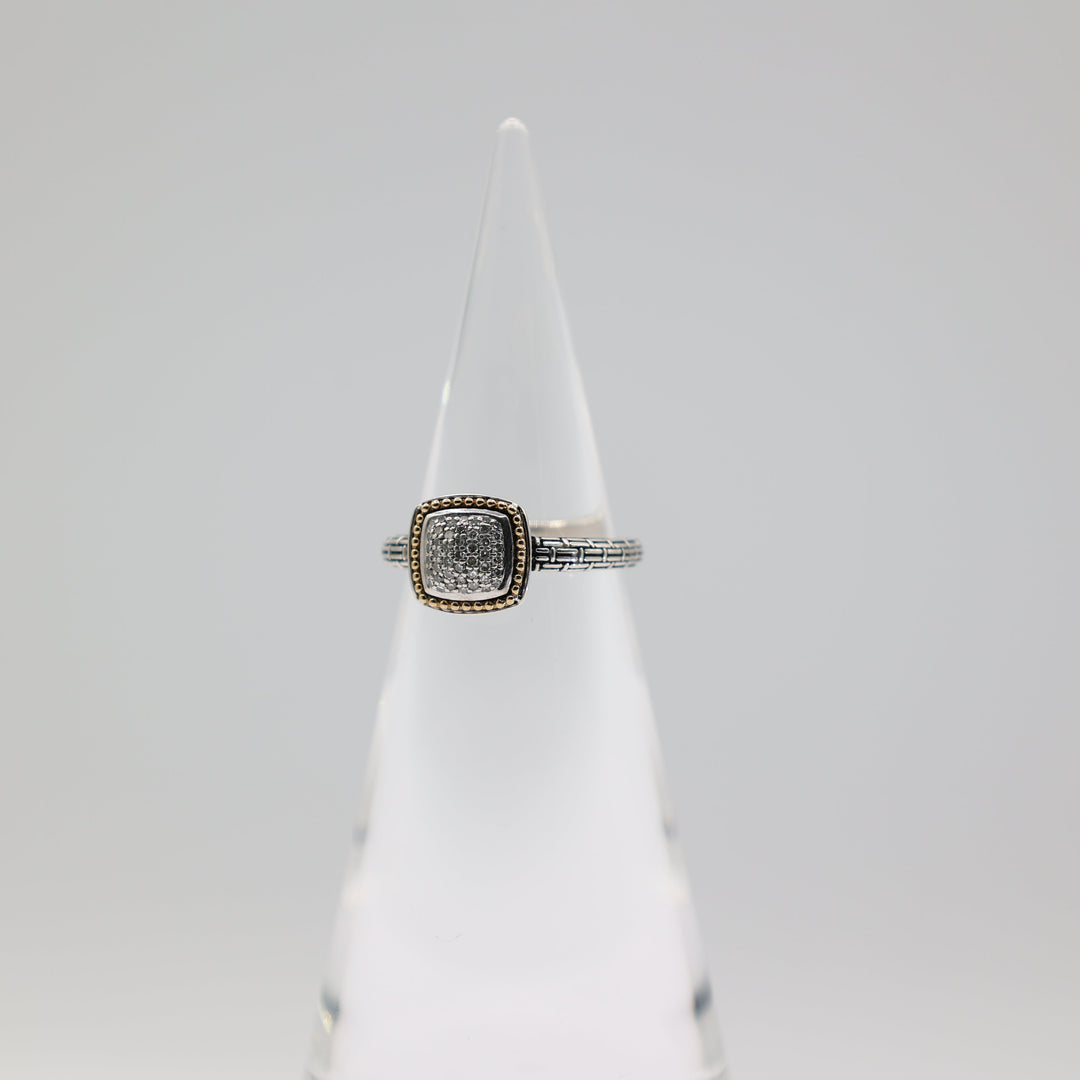 Effy 925 Sterling Silver And 18K Gold Accented Diamond Pave Square Ring Size 8.5