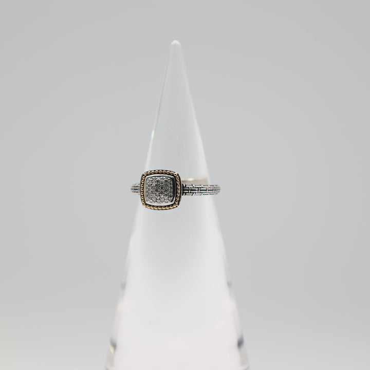Effy 925 Sterling Silver And 18K Gold Accented Diamond Pave Square Ring Size 8.5