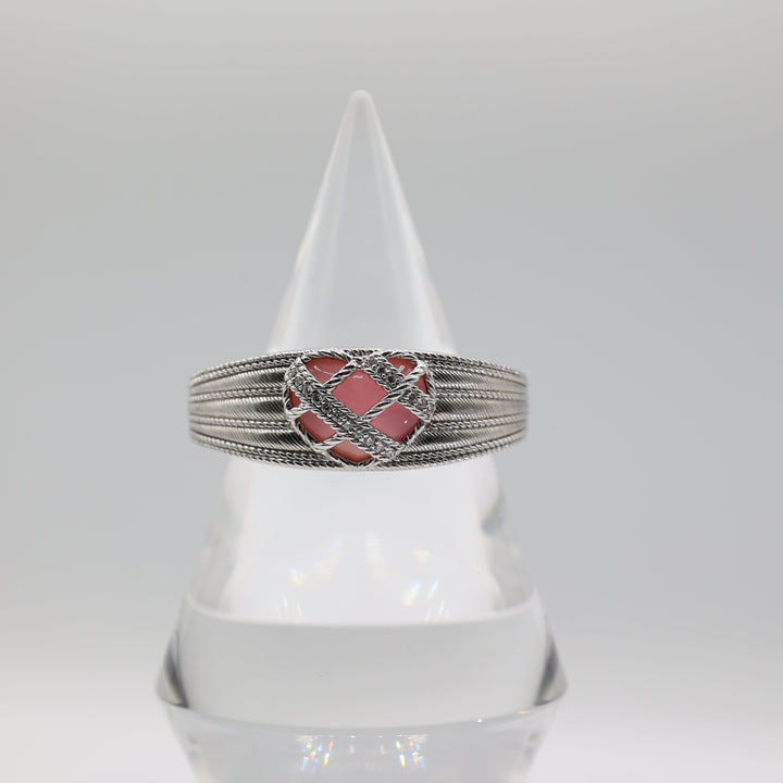 Judith Ripka 925 Sterling Silver Pink Quartz Heart Hinged Cuff Bracelet