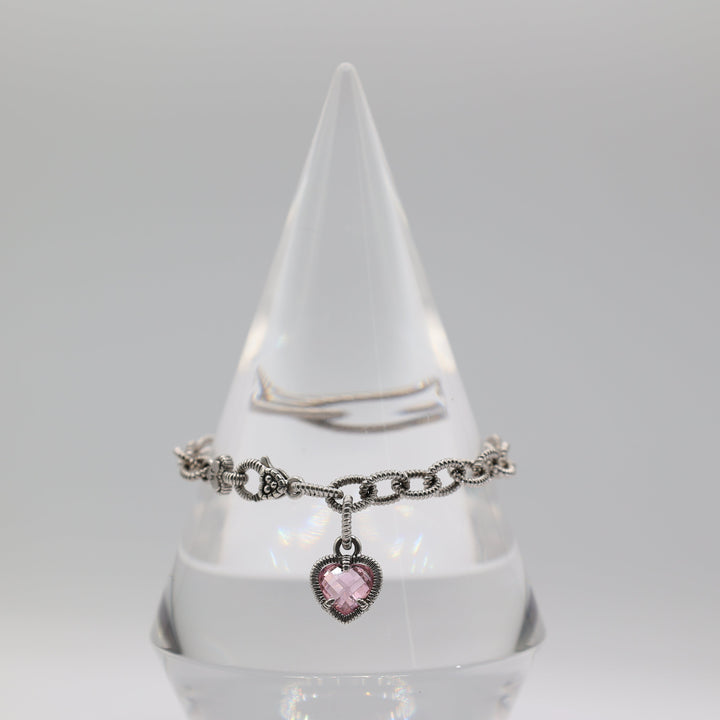 Judith Ripka Sterling Silver 925 CZ Pink Heart Link Chain Bracelet