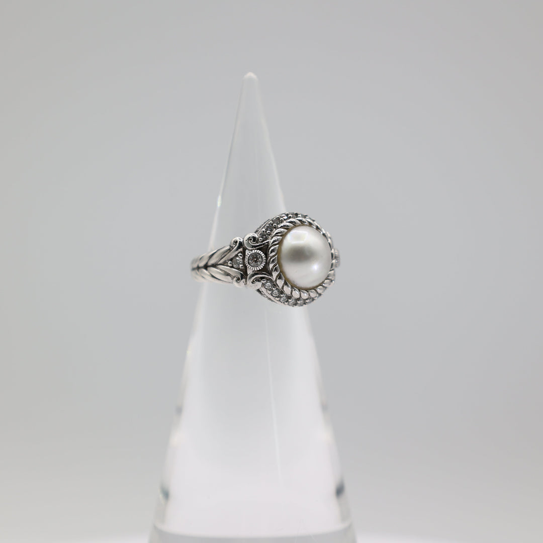 Judith Ripka 925 Sterling Silver CZ Pearl Ring Size 8