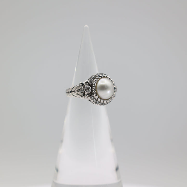 Judith Ripka 925 Sterling Silver CZ Pearl Ring Size 8