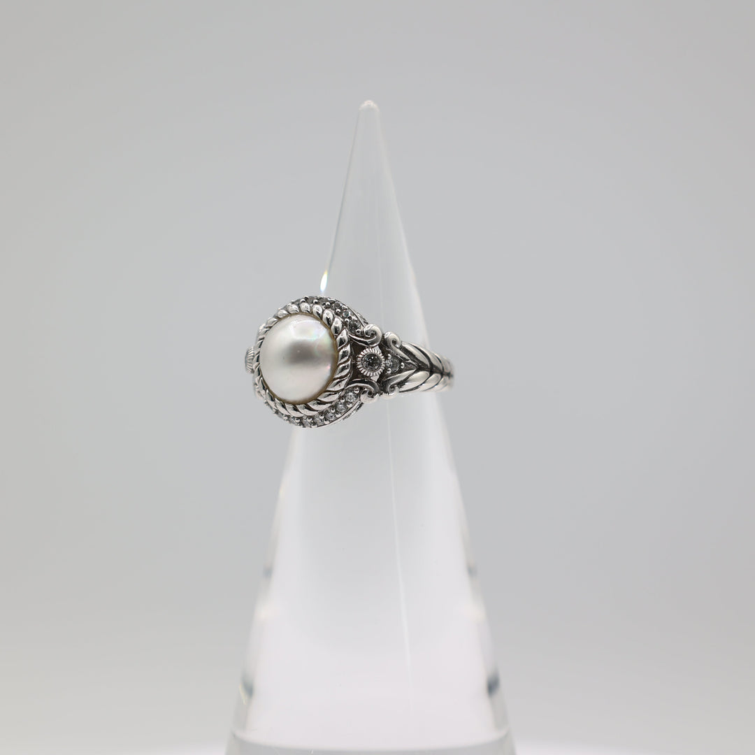 Judith Ripka 925 Sterling Silver CZ Pearl Ring Size 8