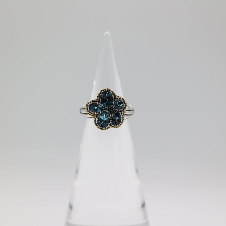 Lagos Blue Topaz Abstract Floral Ring 925 Sterling Silver 18K Gold Size 7.5