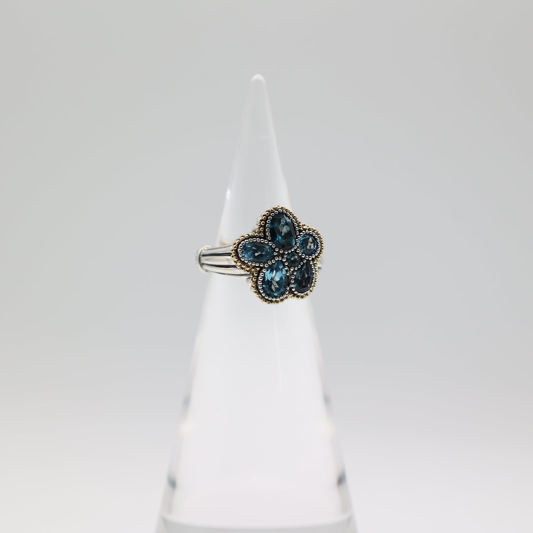 Lagos Blue Topaz Abstract Floral Ring 925 Sterling Silver 18K Gold Size 7.5