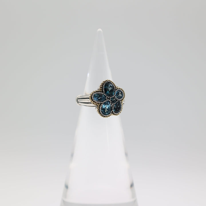 Lagos Blue Topaz Abstract Floral Ring 925 Sterling Silver 18K Gold Size 7.5