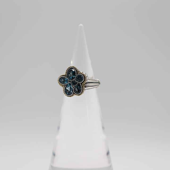 Lagos Blue Topaz Abstract Floral Ring 925 Sterling Silver 18K Gold Size 7.5