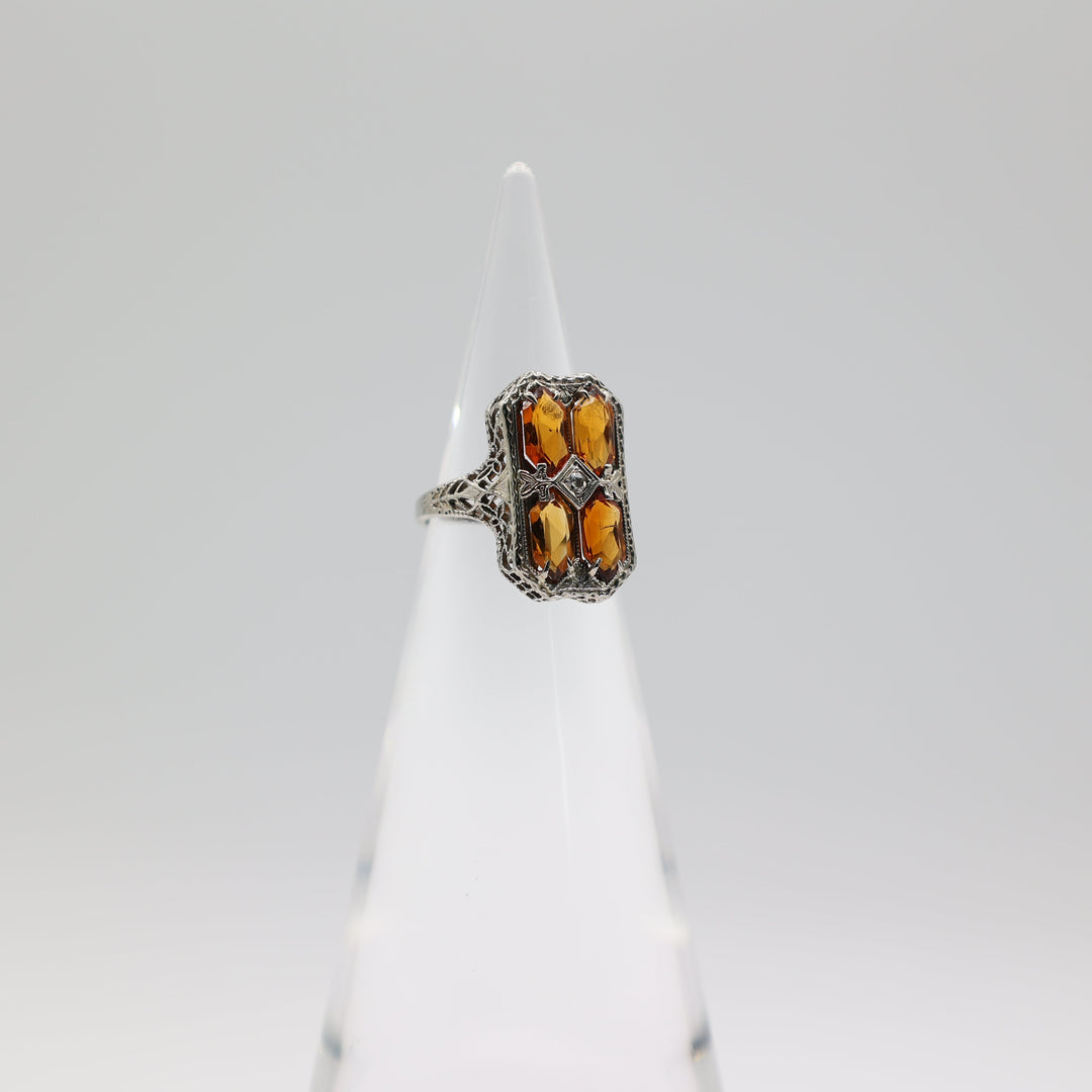 14K White Gold Citrine Filigree Ring With 4mm Stones Size 5