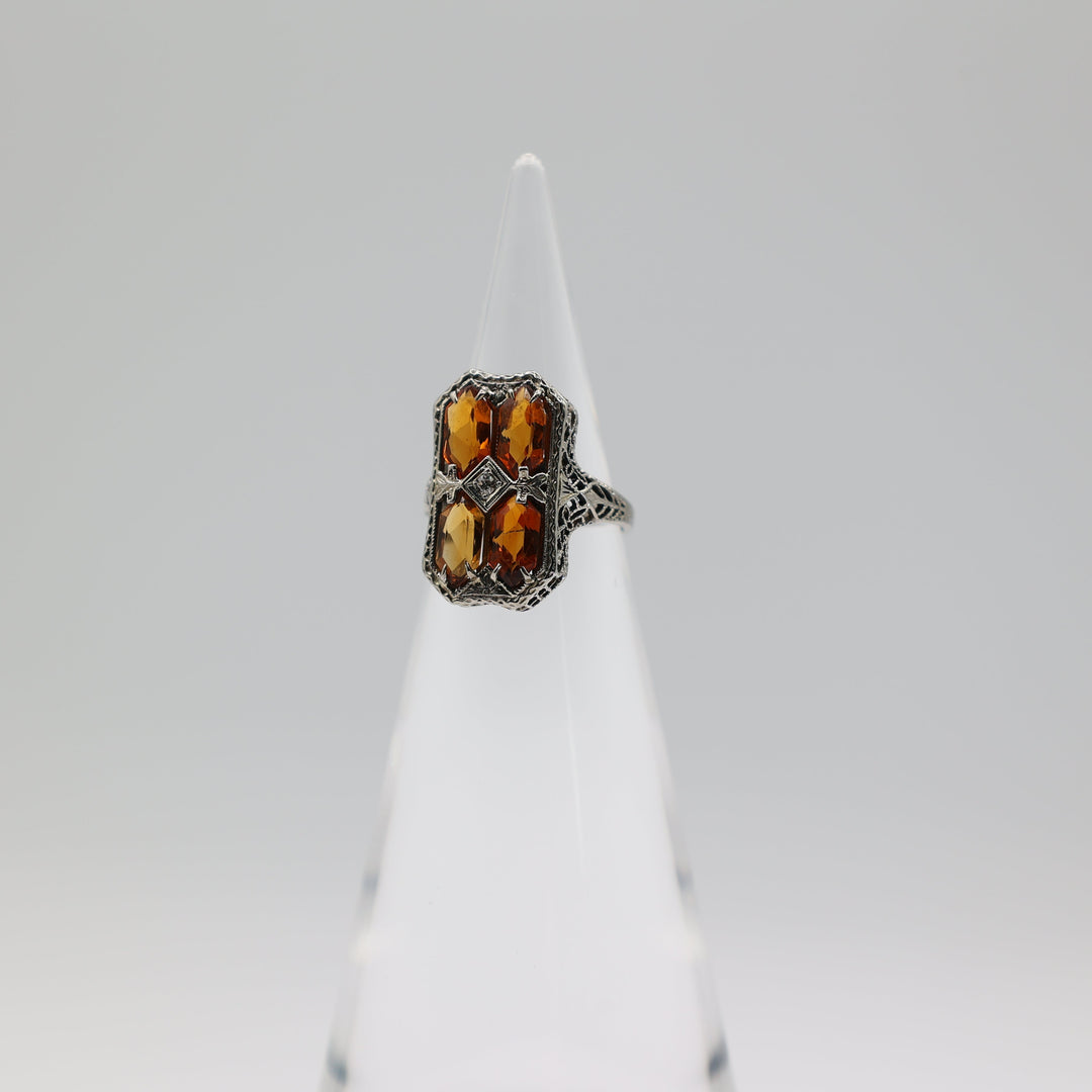 14K White Gold Citrine Filigree Ring With 4mm Stones Size 5