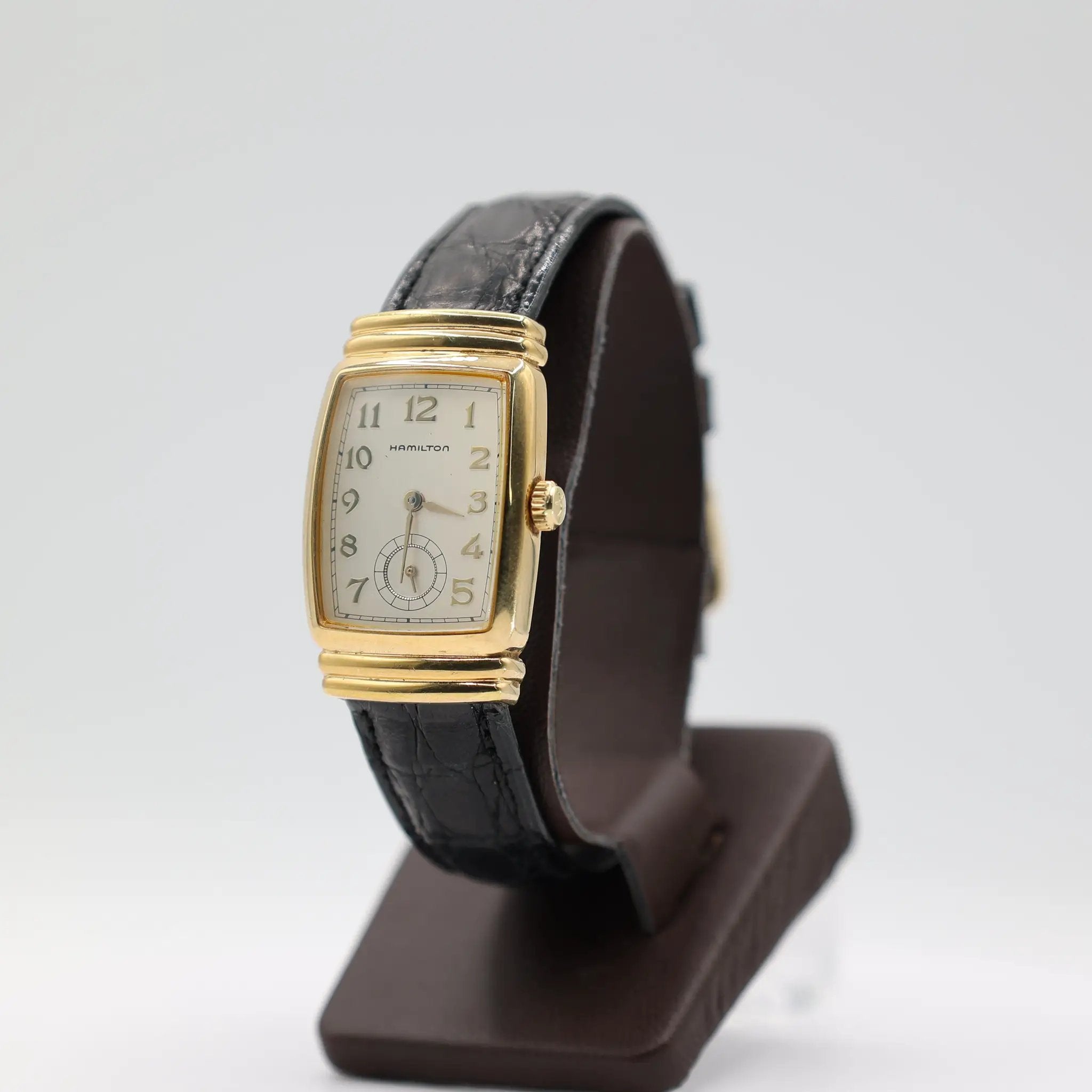Hamilton Gold Tone And Black Leather Watch Model 6198A by Annie McConnell's Renewed Elegance