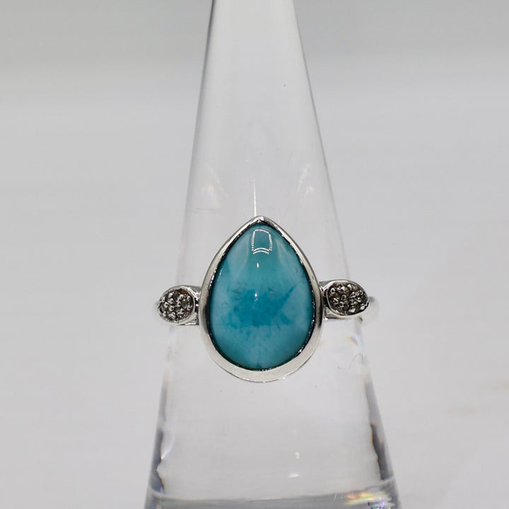 925 Sterling Silver Turquoise Ring With Paved Diamonds - Size 7.75