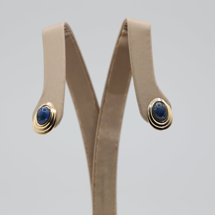 14K Yellow Gold Blue Lapis Stud Earrings 8x5mm With Secure Back