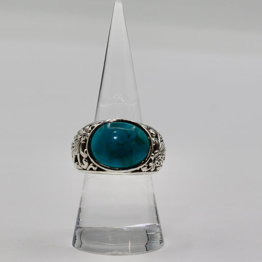 925 Sterling Silver Open Cut Floral Design Ring and Turquoise Gemstone - Size 8