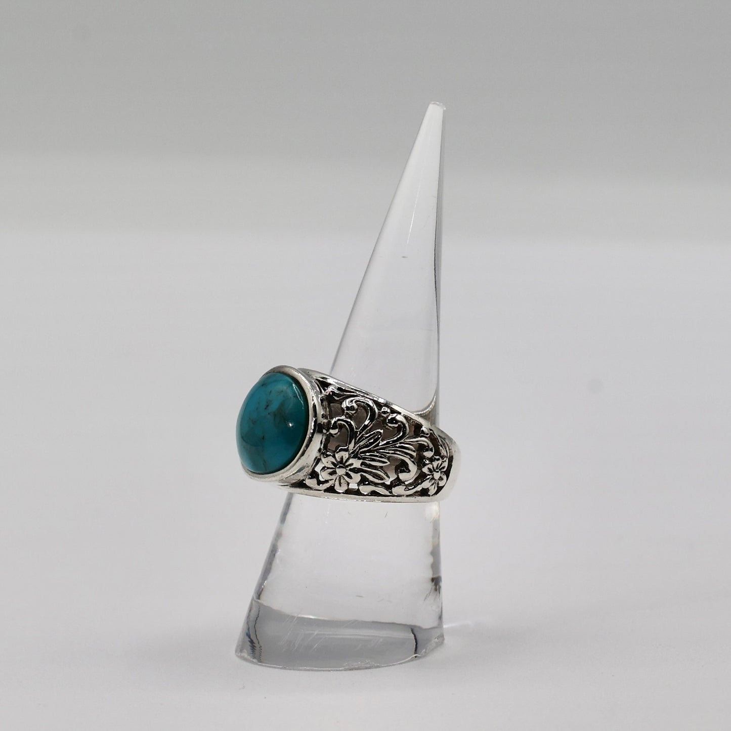 925 Sterling Silver Open Cut Floral Design Ring and Turquoise Gemstone - Size 8