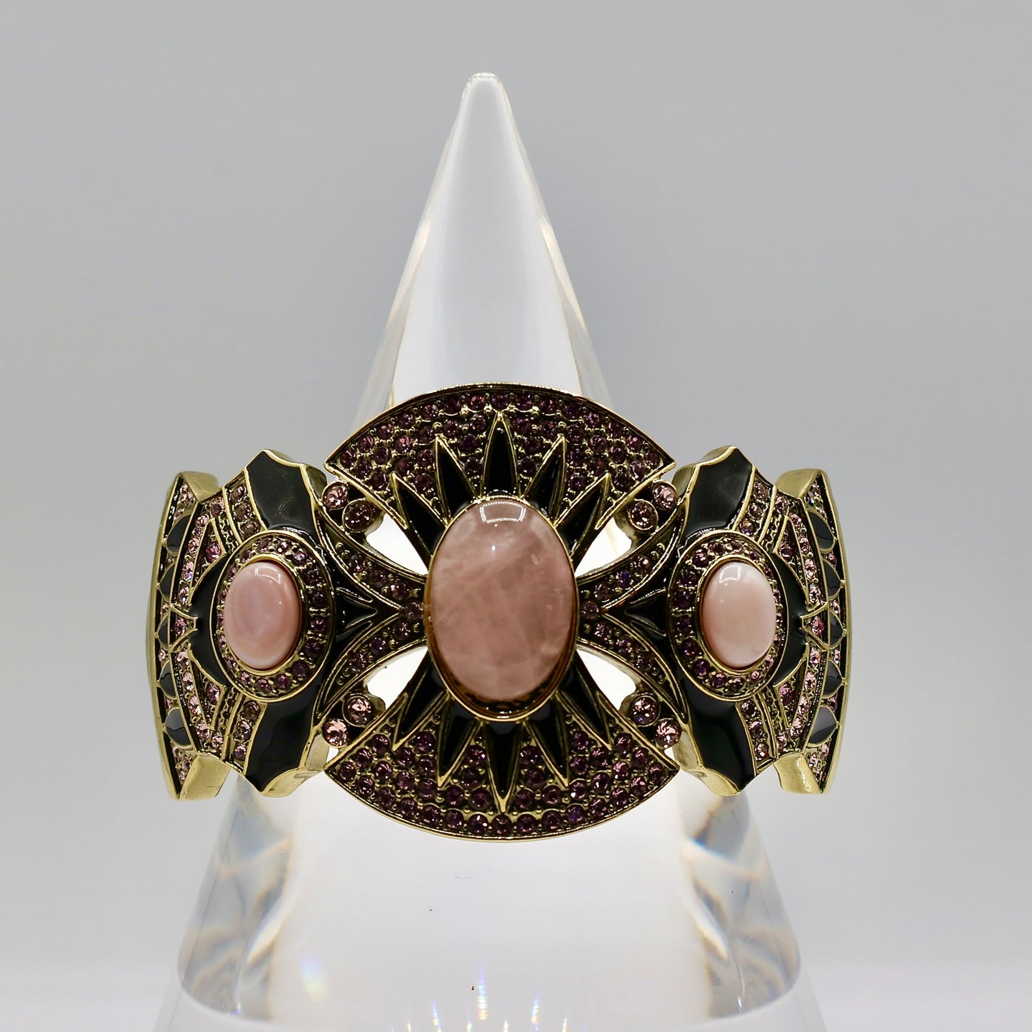 Brass Heidi Daus Hinged Bracelet with Pink Rhinestones,  Enamel, and Quartz - 6.25 inches