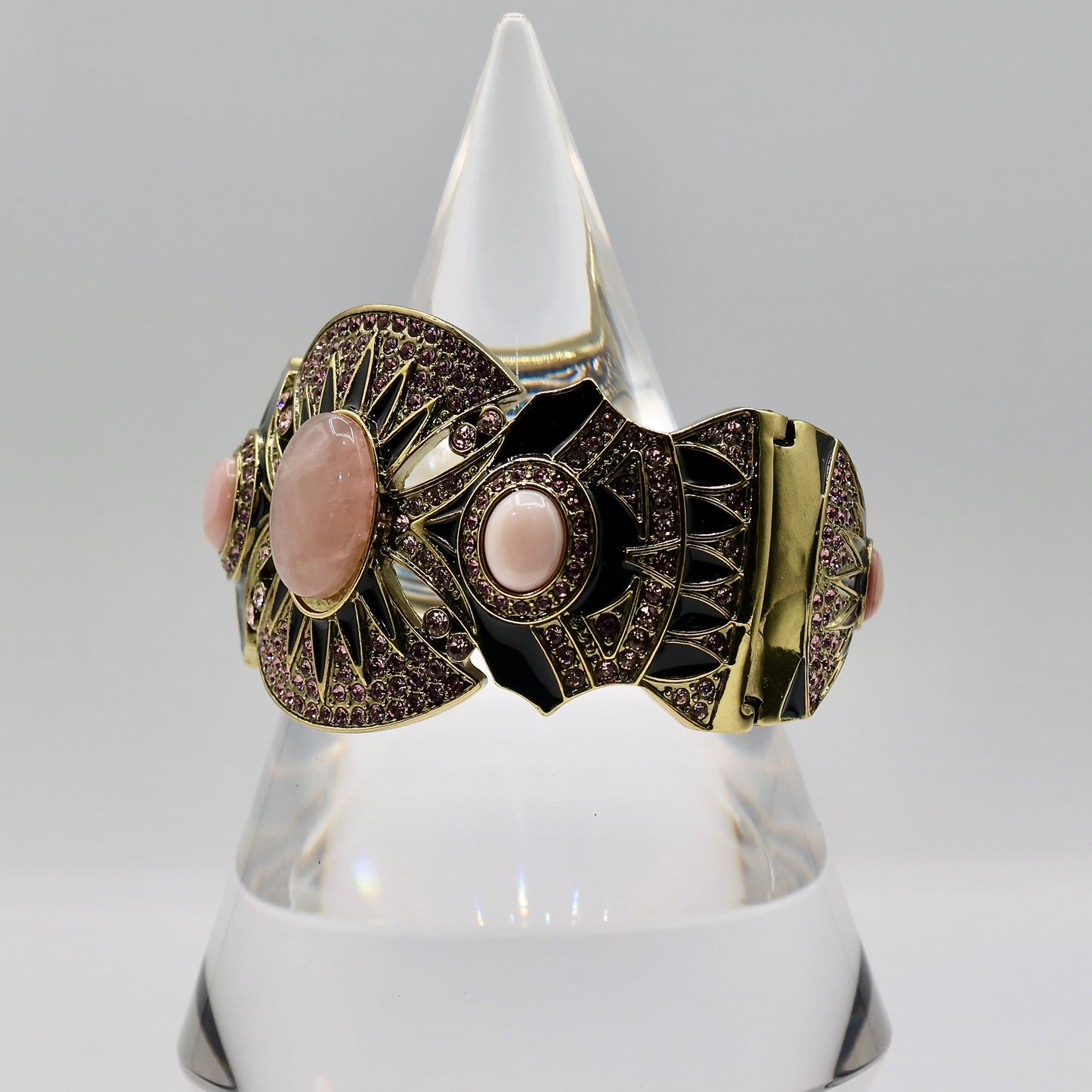 Brass Heidi Daus Hinged Bracelet with Pink Rhinestones,  Enamel, and Quartz - 6.25 inches