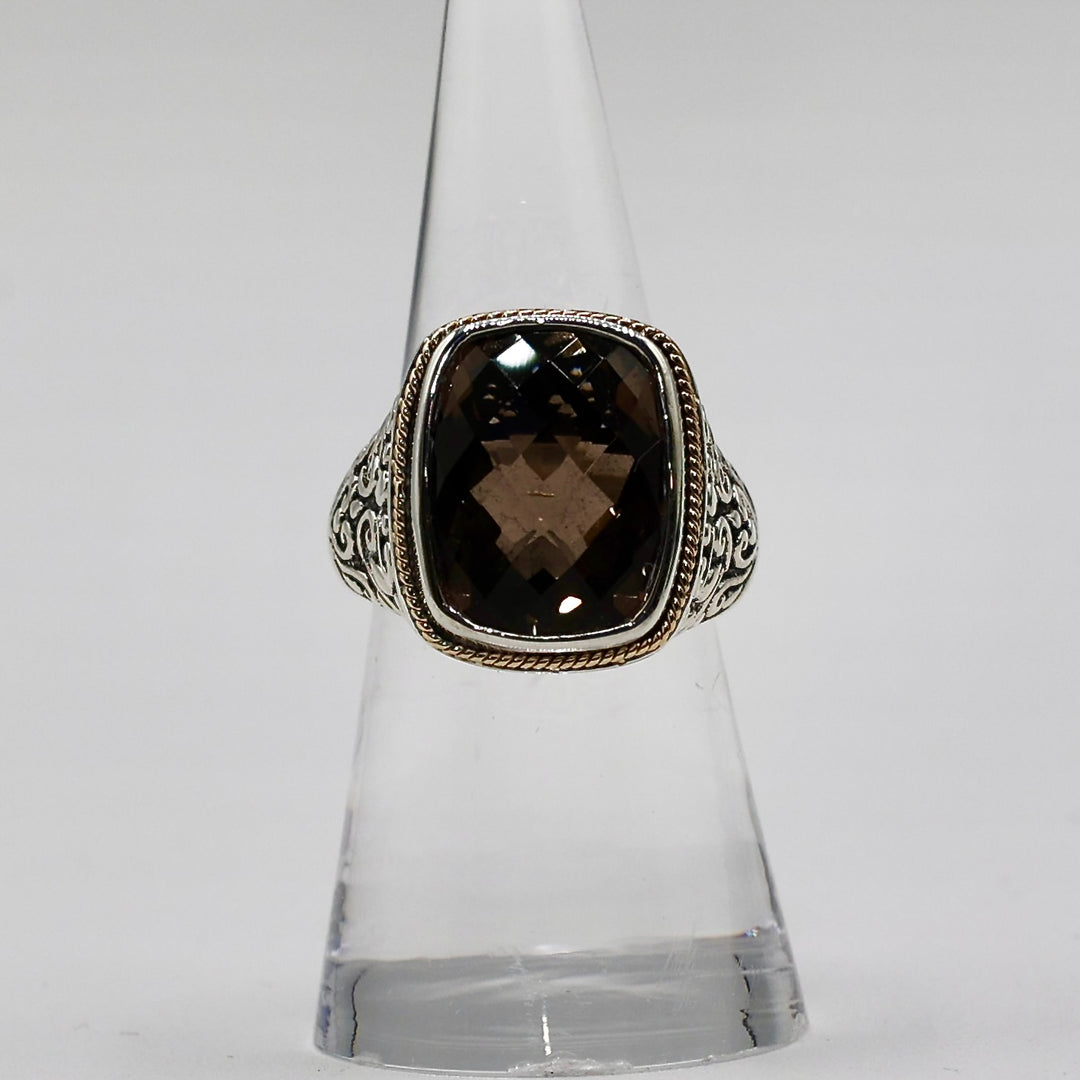925 Sterling Silver 18k Yellow Gold EFFY Smokey Quartz Ring - Size 7.25
