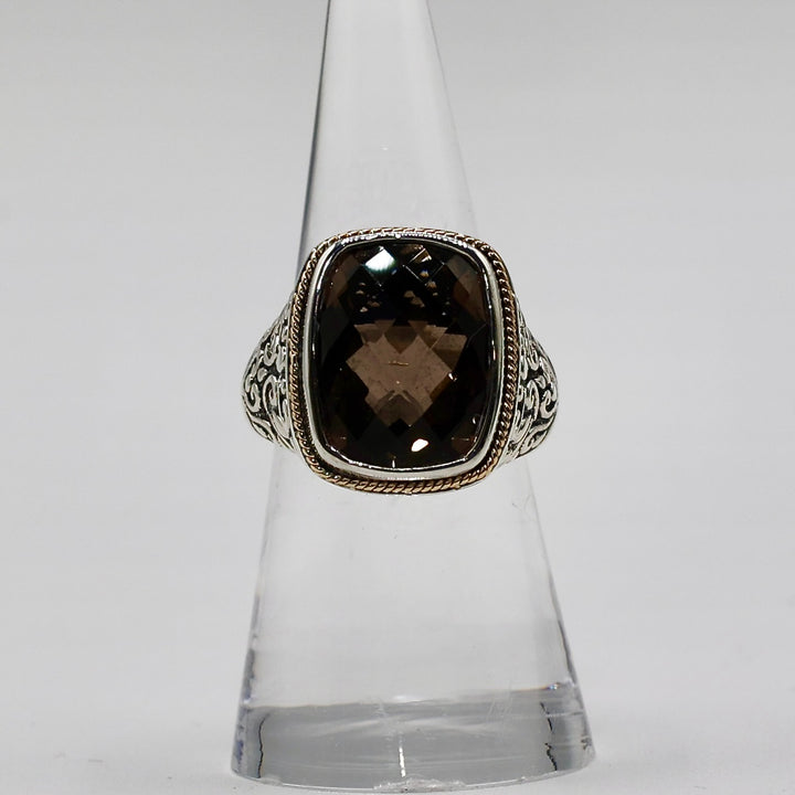 925 Sterling Silver 18k Yellow Gold EFFY Smokey Quartz Ring - Size 7.25