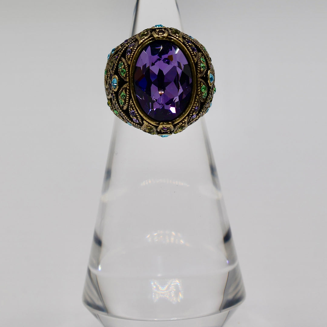 Brass Heidi Daus Purple Rhinestone with Green and Blue Accent Stones Ring - Size 9.5