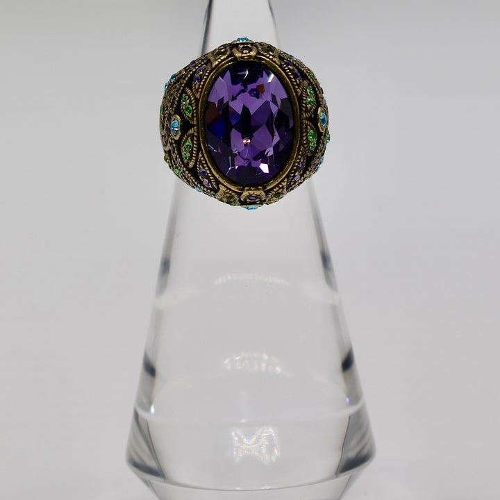 Brass Heidi Daus Purple Rhinestone with Green and Blue Accent Stones Ring - Size 9.5