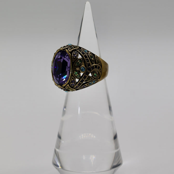 Brass Heidi Daus Purple Rhinestone with Green and Blue Accent Stones Ring - Size 9.5