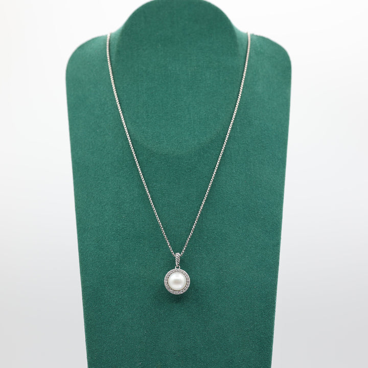 David Yurman 925 Sterling Silver Pearl Diamond Halo Necklace