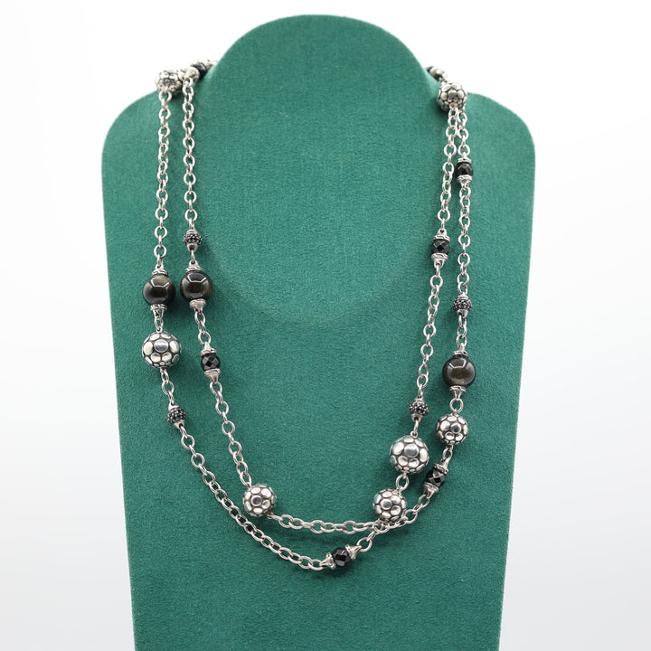 John Hardy 925 Sterling Silver Dotted Ball Station Necklace With Black Gemstones
