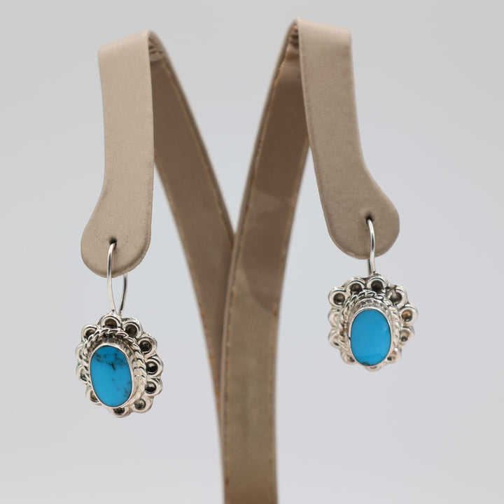 925 Sterling Silver Turquoise Oval Floral Dangle Earrings 12x8mm