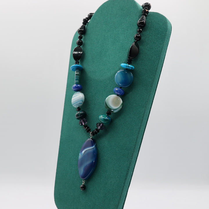 925 Sterling Silver Agate Turquoise Onyx Necklace - 20 Inches