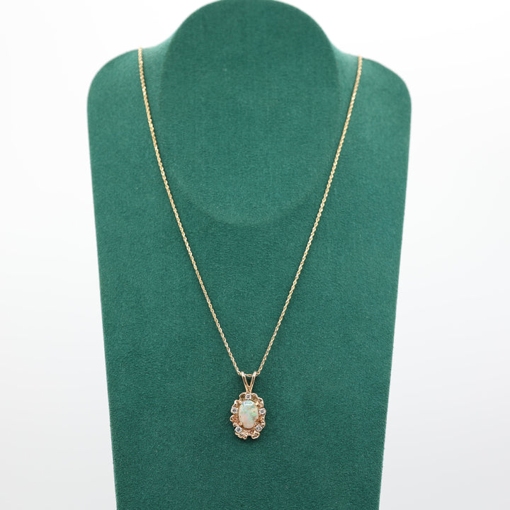 14K Yellow Gold Oval Opal Necklace 11mm By 8mm With 2.30mm Diamonds 24 Inch