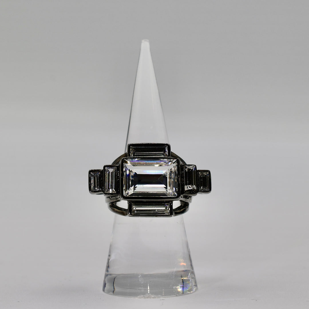 Black Tone Givenchy Art Deco Style Crystal Ring - Size 6.75