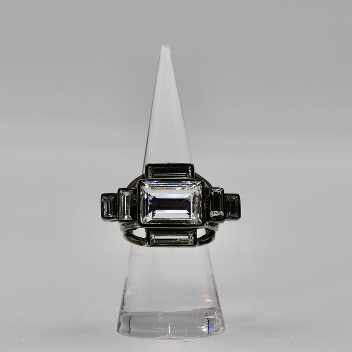 Black Tone Givenchy Art Deco Style Crystal Ring - Size 6.75