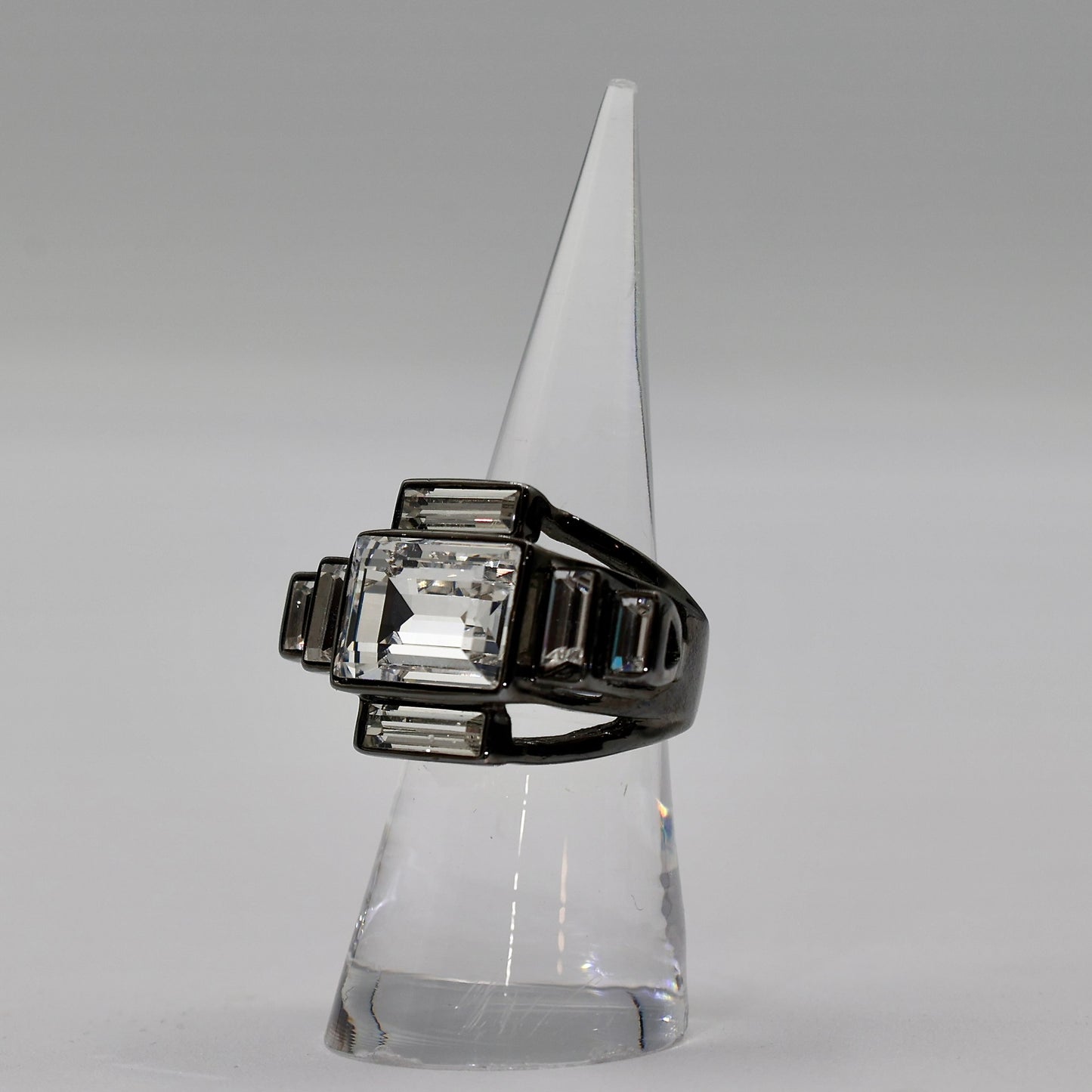 Black Tone Givenchy Art Deco Style Crystal Ring - Size 7