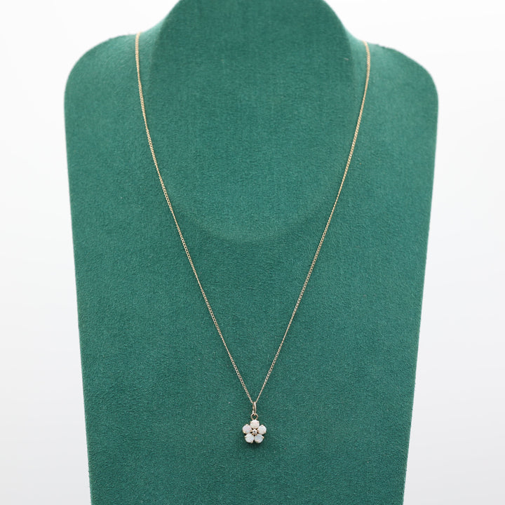 14K Yellow Gold Opal Flower Necklace With White Diamond 1mm 16 Inch