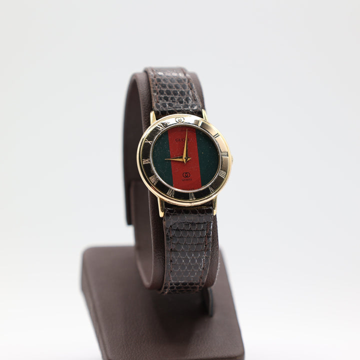 Gucci Gold Tone Watch With Green And Red Dial Brown Leather Strap