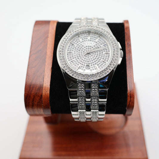 Stainless Steel Bulova Crystal Swarovski Pave Dial Watch - 8 Inches