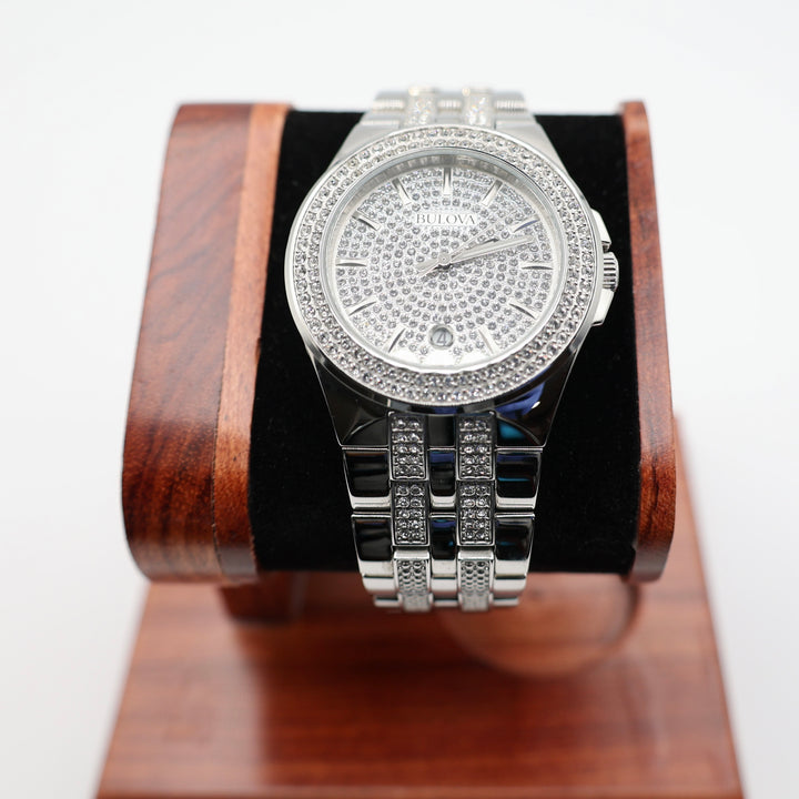 Stainless Steel Bulova Crystal Swarovski Pave Dial Watch - 8 Inches