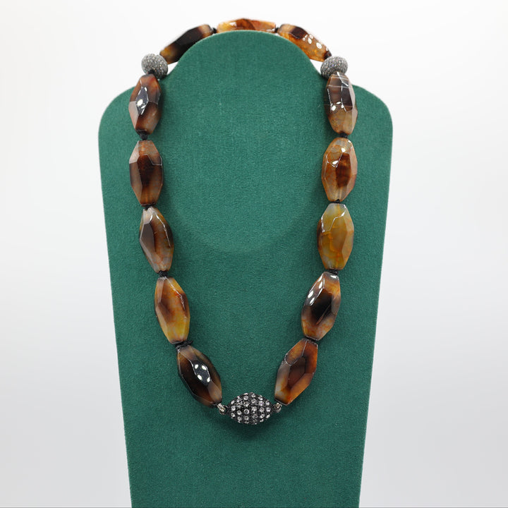 Chunky Agate Beaded Necklace With Pave Crystal Accents