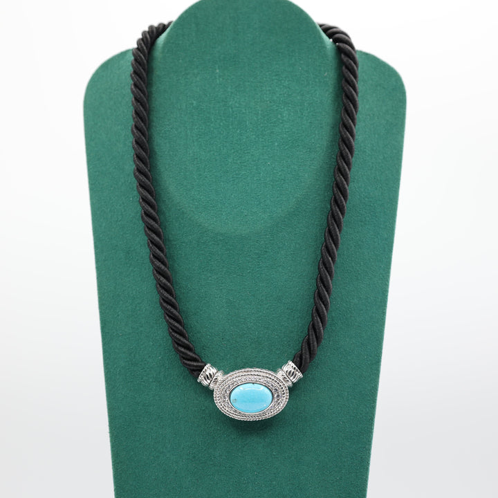 Judith Ripka CZ Turquoise Pendant Magnetic Black Twisted Rope Necklace