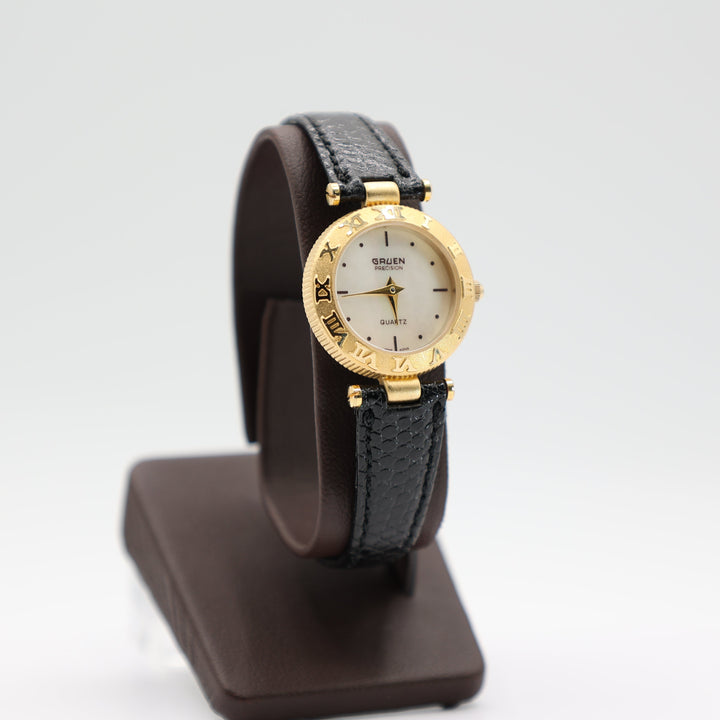 Gruen Precision Gold Tone Watch With Mother Of Pearl Dial And Black Leather Band