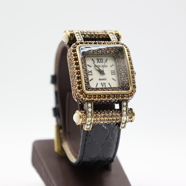 Heidi Daus Timeless Beauty Pave Bezel Black Leather Strap Watch