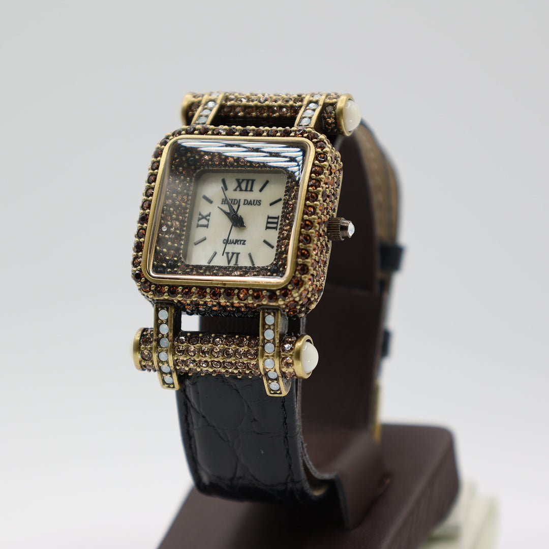 Heidi Daus Timeless Beauty Pave Bezel Black Leather Strap Watch