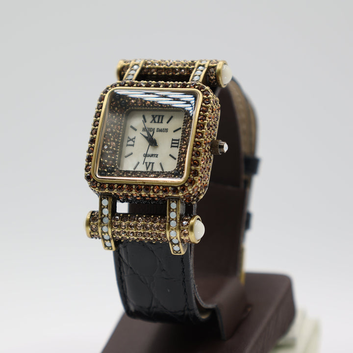 Heidi Daus Timeless Beauty Pave Bezel Black Leather Strap Watch