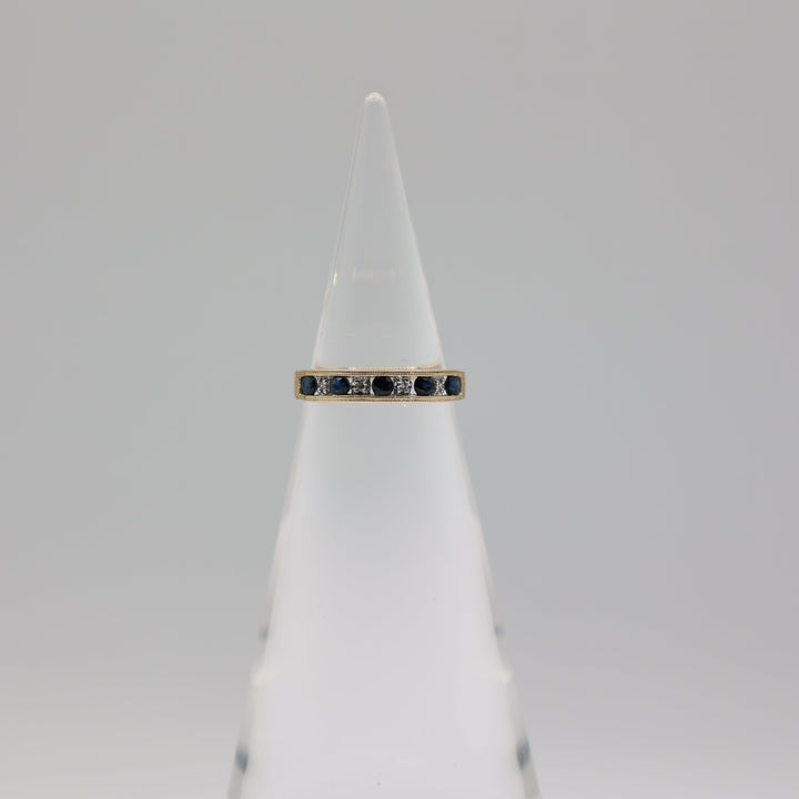 14k Channel Yellow Gold Diamond and Sapphire Ring - Size 7