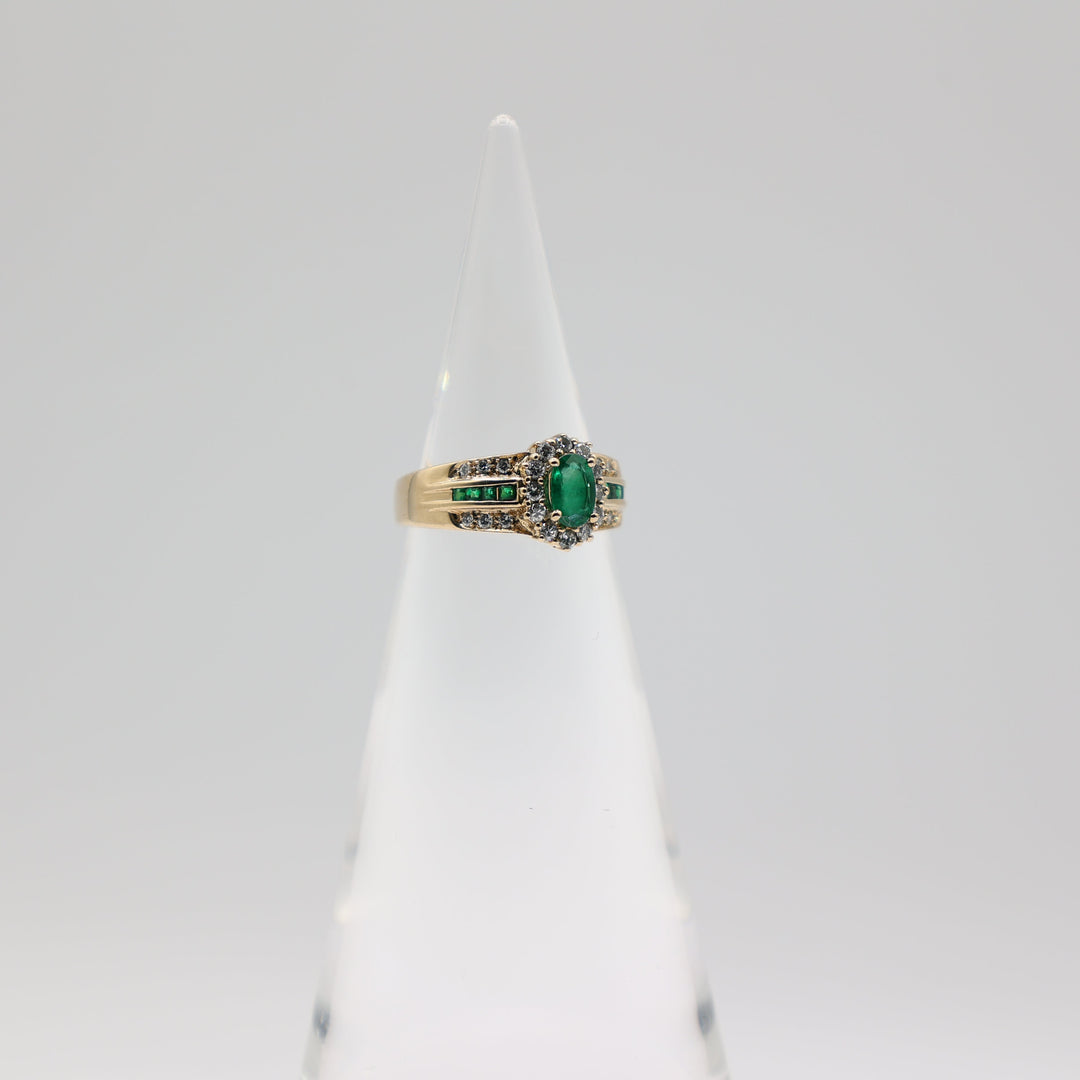 14K Yellow Gold Emerald Diamond Halo Ring Size 6.75