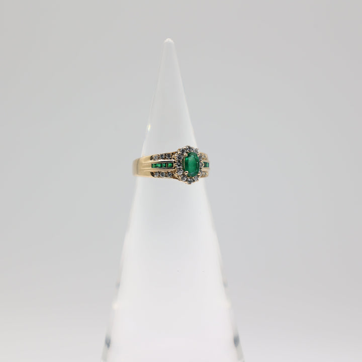 14K Yellow Gold Emerald Diamond Halo Ring Size 6.75