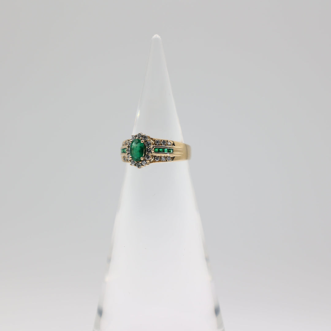 14K Yellow Gold Emerald Diamond Halo Ring Size 6.75