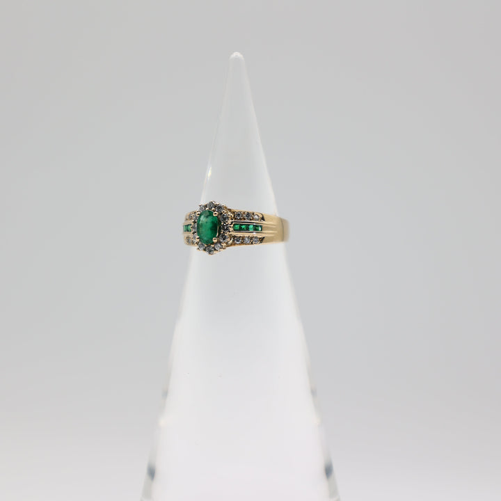 14K Yellow Gold Emerald Diamond Halo Ring Size 6.75