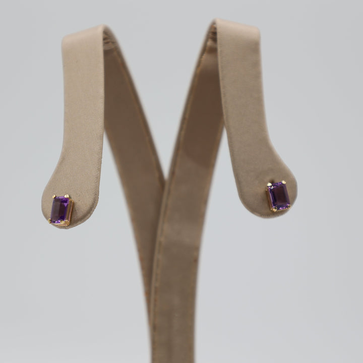 14K Yellow Gold Emerald Cut Amethyst Stud Earrings 6x4mm