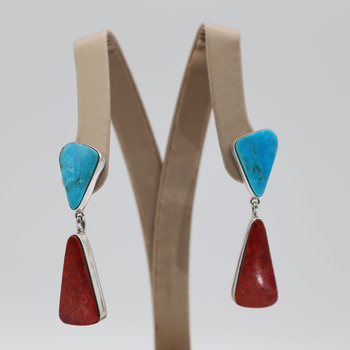 925 Sterling Silver M.Lee Navajo Coral & Turquoise Dangle Earrings